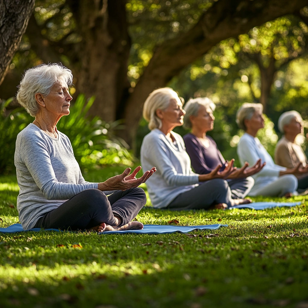 Літні люди займаються м'якою йогою в парку